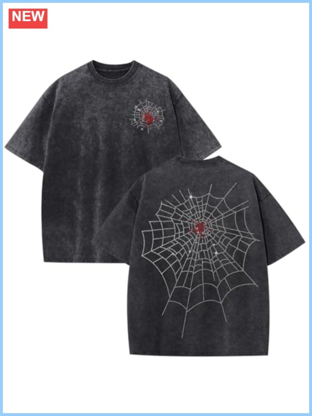 Men's Rhinestone Graphic Tee Spider Grunge Vintage Acid Wash T-Shirt Y2k